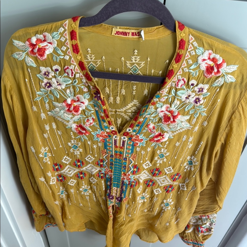Johnny Was Embroidered Mustard Top